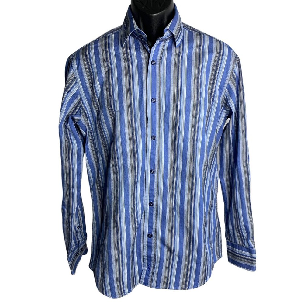Tailor Byrd Button Up Shaped Fit Shirt M Blue Stripe Flip Cuffs Long Sleeves